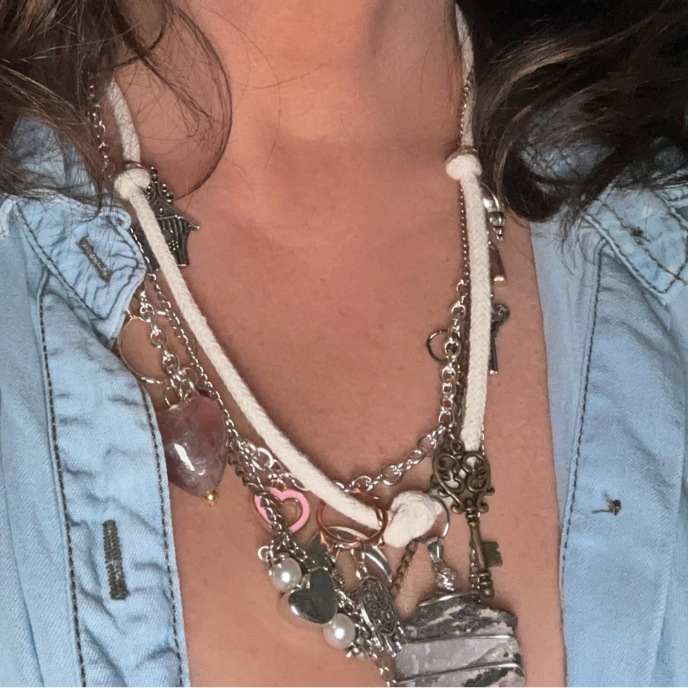 Maximalism chunky ametrine heart rhodonite layered multi charms necklace - Picture 4 of 8